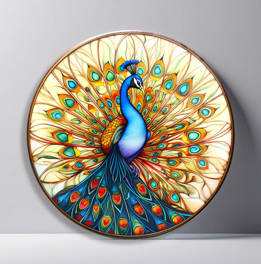 Vitray Desen Tavus Kuşu Yuvarlak Cam Tablo