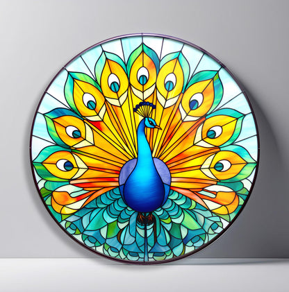 Vitray Desen Tavus Kuşu Yuvarlak Cam Tablo