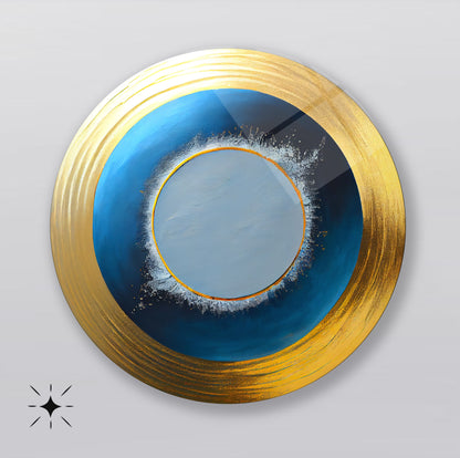Soyut Gold Mavi Yuvarlak Cam Tablo