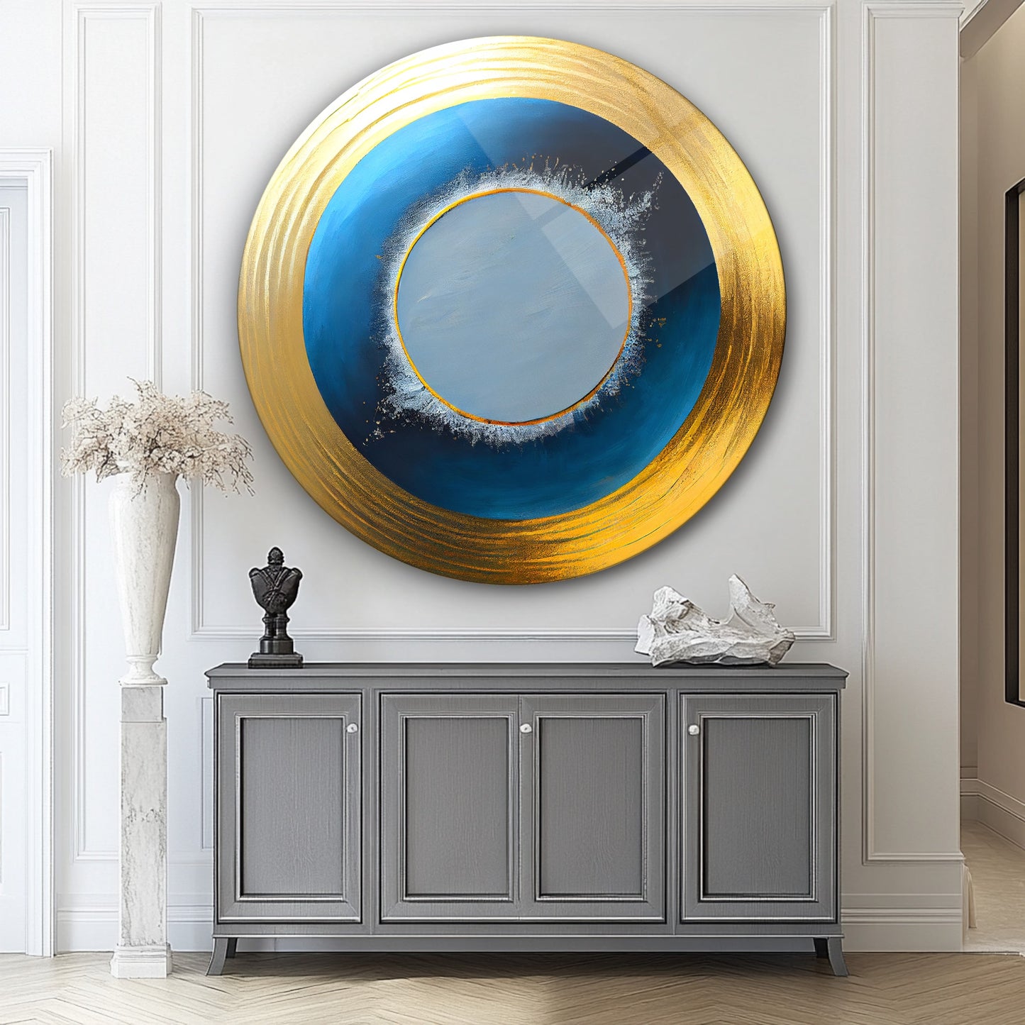 Soyut Gold Mavi Yuvarlak Cam Tablo