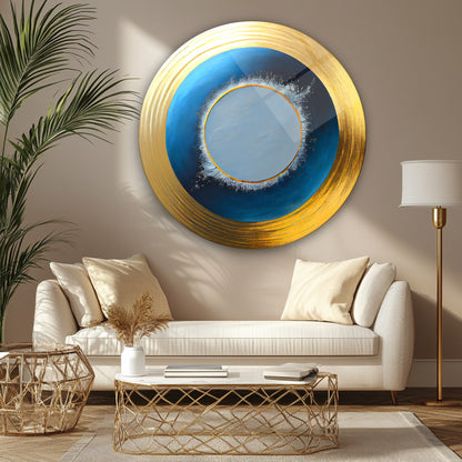 Soyut Gold Mavi Yuvarlak Cam Tablo
