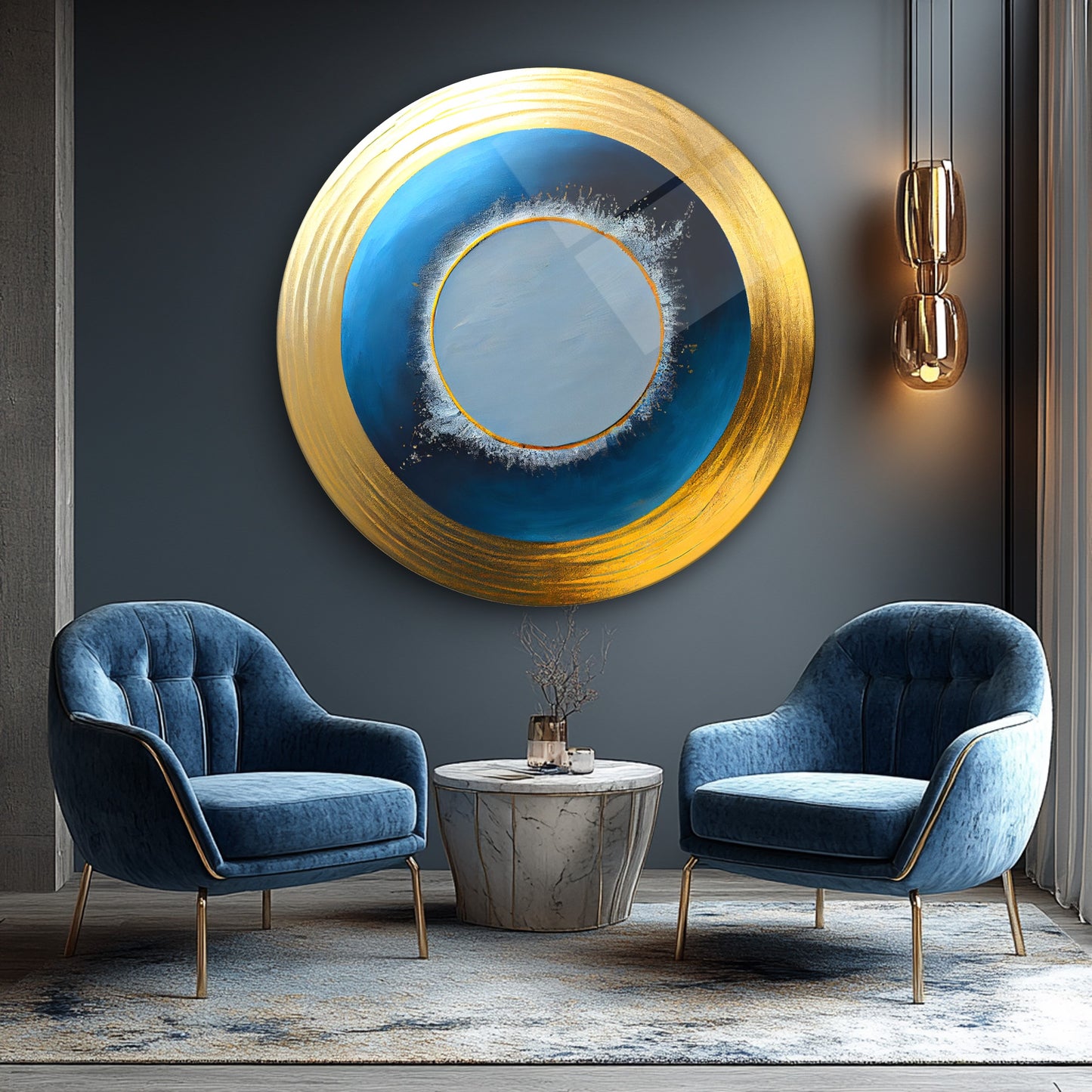 Soyut Gold Mavi Yuvarlak Cam Tablo