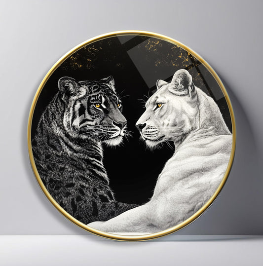 Aslan ve Kaplan Yuvarlak Cam Tablo