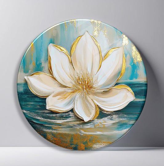 Gold Lotus Çiçeği Yuvarlak Cam Tablo