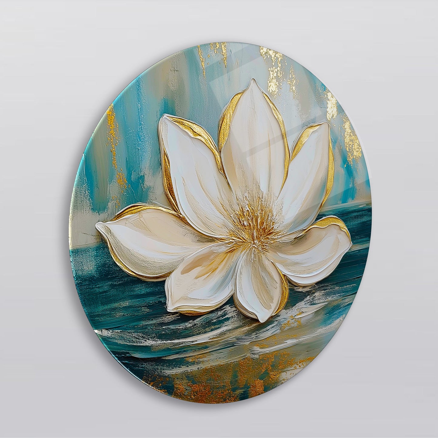 Gold Lotus Çiçeği Yuvarlak Cam Tablo