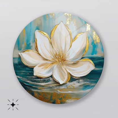 Gold Lotus Çiçeği Yuvarlak Cam Tablo