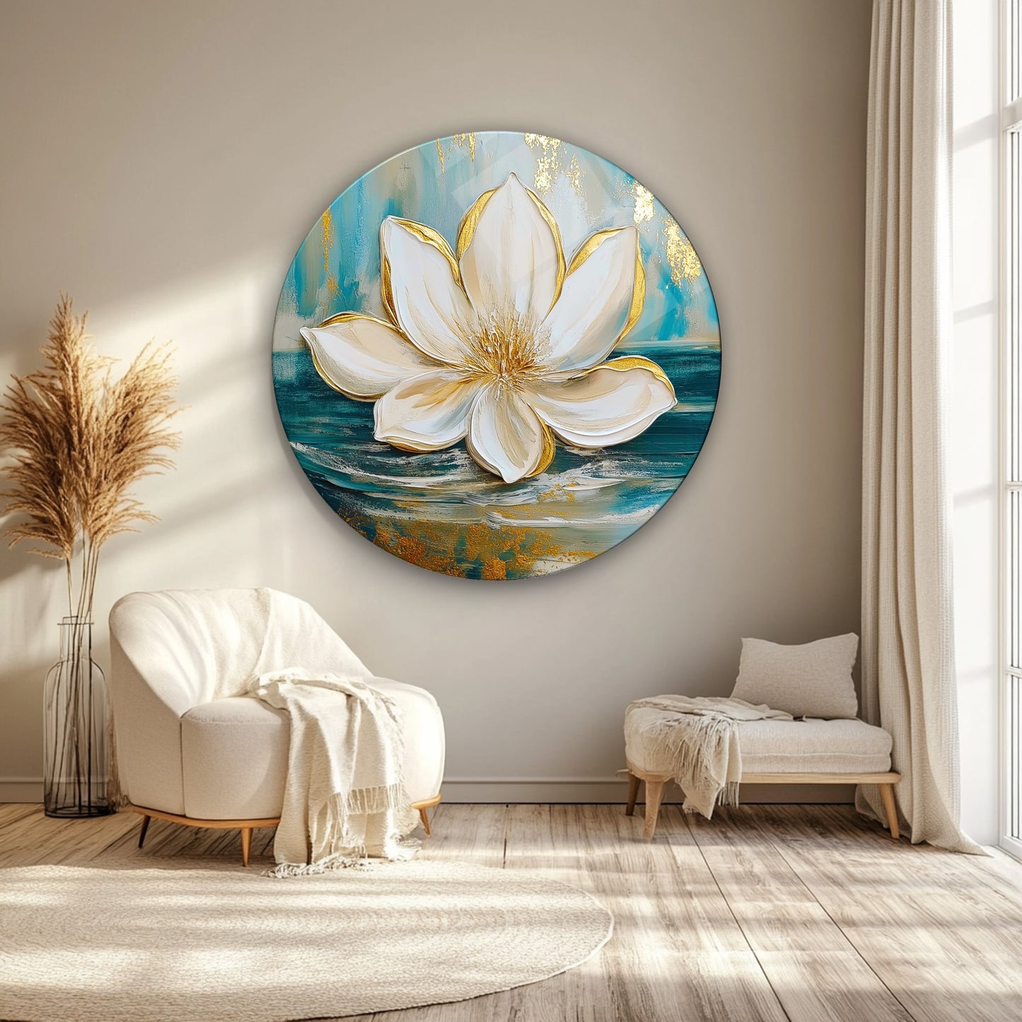 Gold Lotus Çiçeği Yuvarlak Cam Tablo