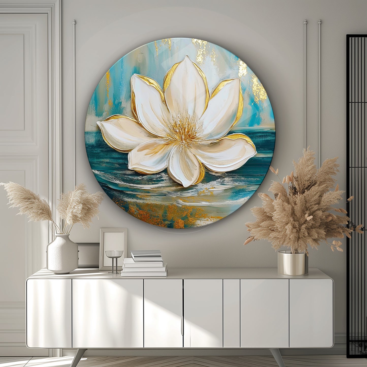 Gold Lotus Çiçeği Yuvarlak Cam Tablo