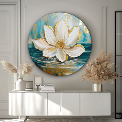 Gold Lotus Çiçeği Yuvarlak Cam Tablo