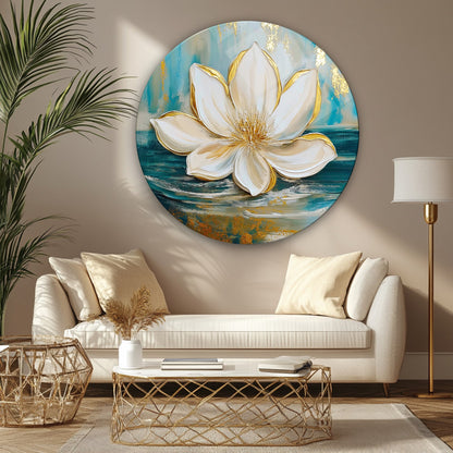 Gold Lotus Çiçeği Yuvarlak Cam Tablo