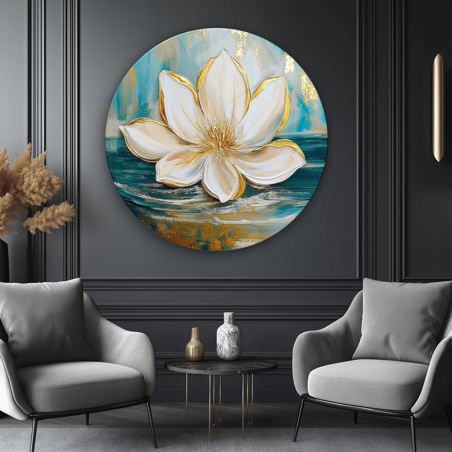 Gold Lotus Çiçeği Yuvarlak Cam Tablo