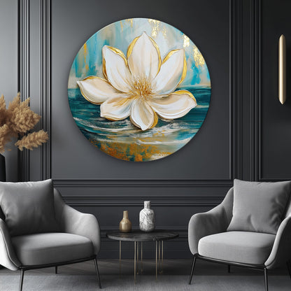 Gold Lotus Çiçeği Yuvarlak Cam Tablo