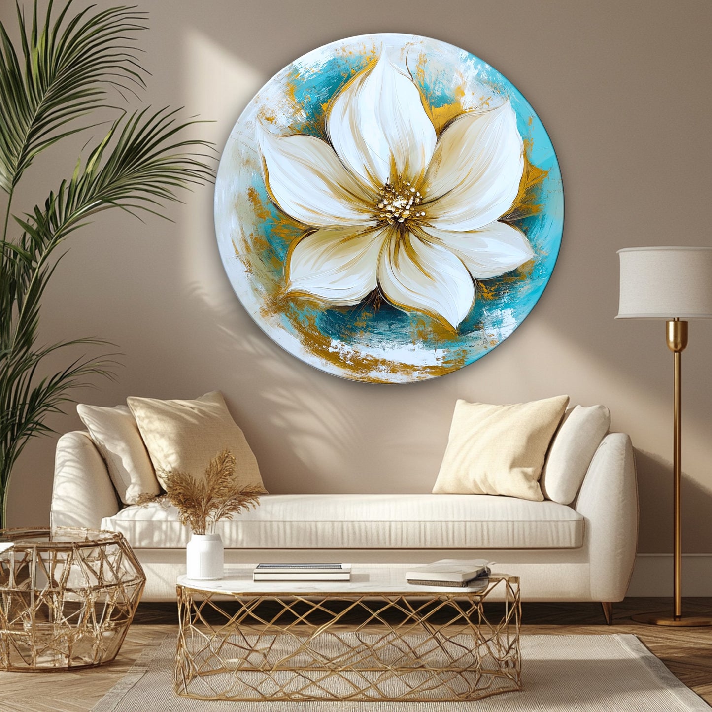 Gold Lotus Çiçeği Yuvarlak Cam Tablo