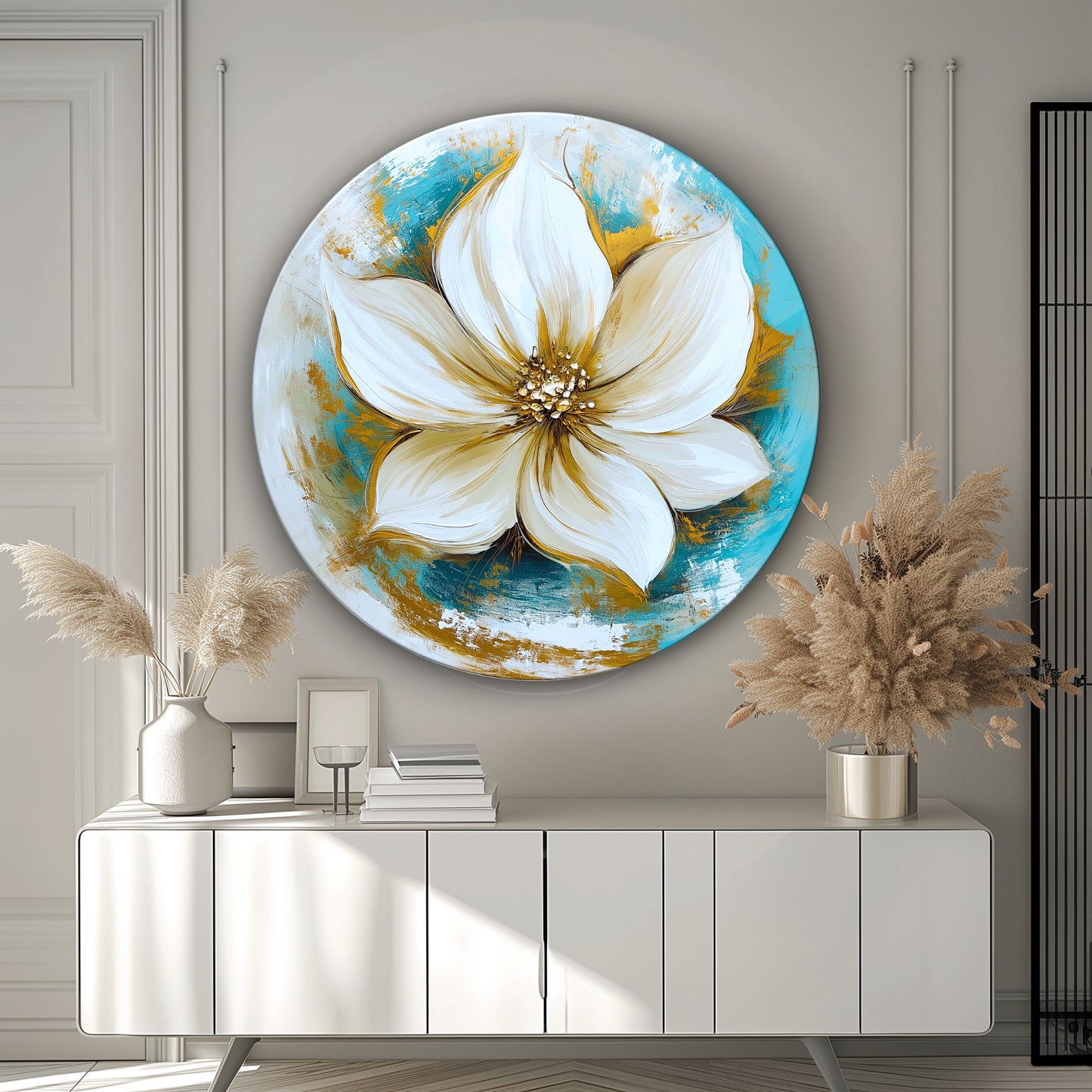 Gold Lotus Çiçeği Yuvarlak Cam Tablo
