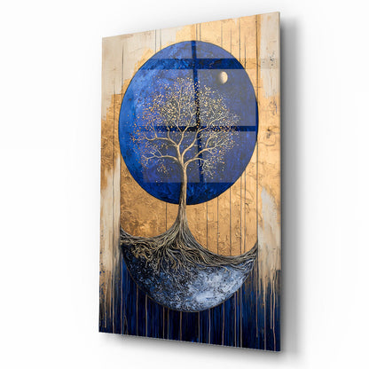 Gold Detay Mavi Hayat Ağacı Cam Tablo