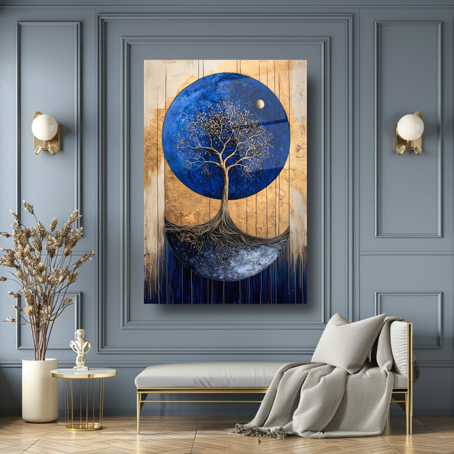 Gold Detay Mavi Hayat Ağacı Cam Tablo