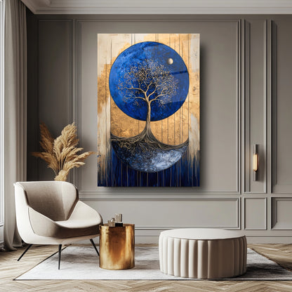 Gold Detay Mavi Hayat Ağacı Cam Tablo