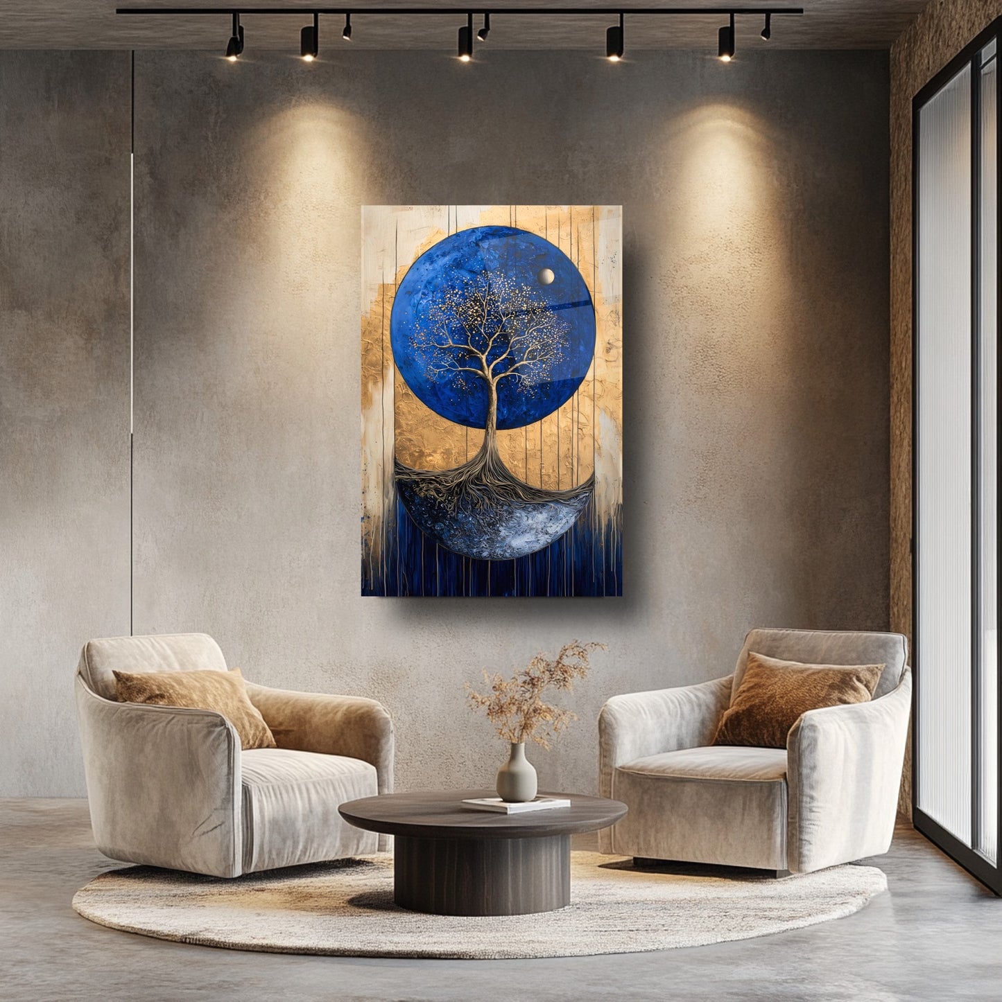 Gold Detay Mavi Hayat Ağacı Cam Tablo