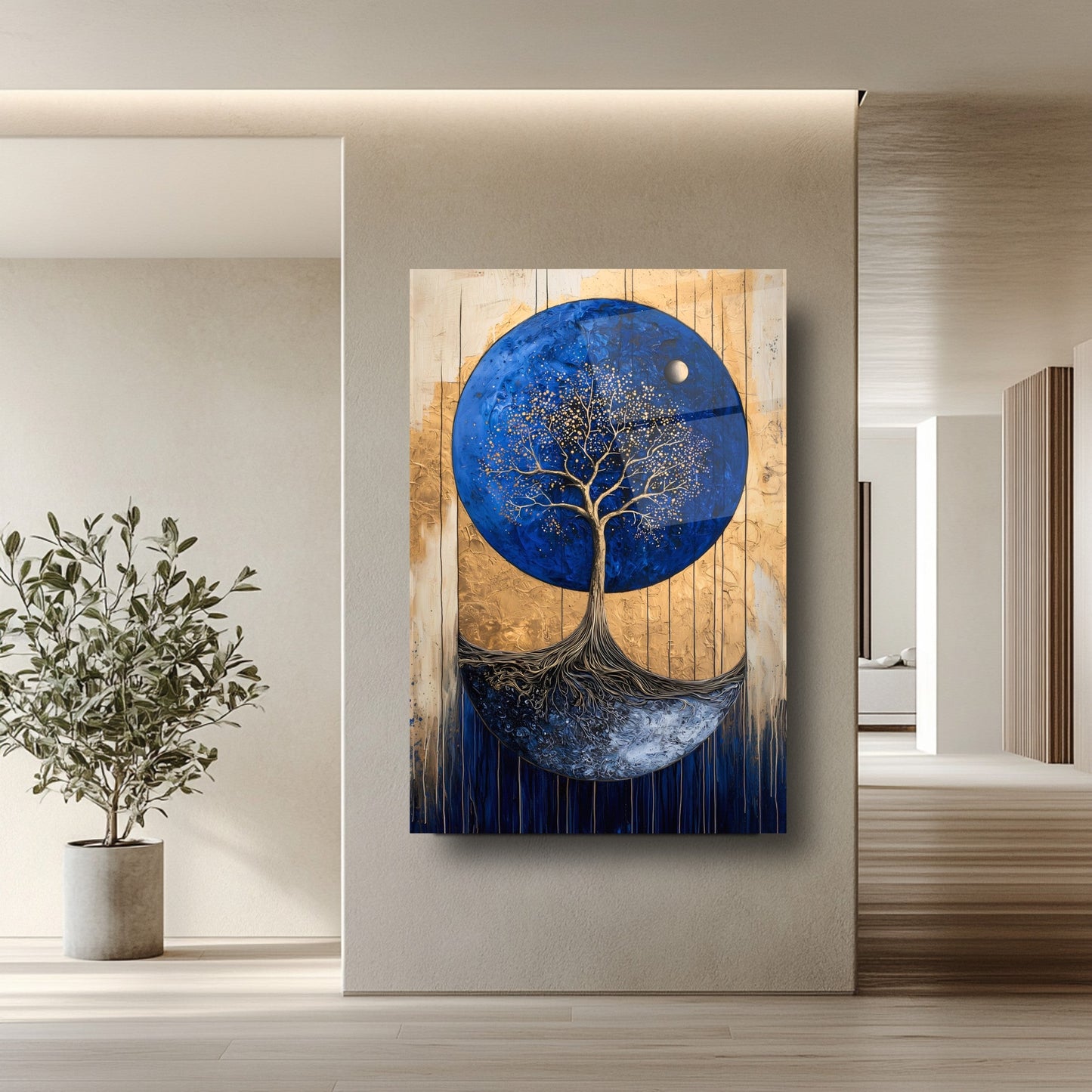 Gold Detay Mavi Hayat Ağacı Cam Tablo