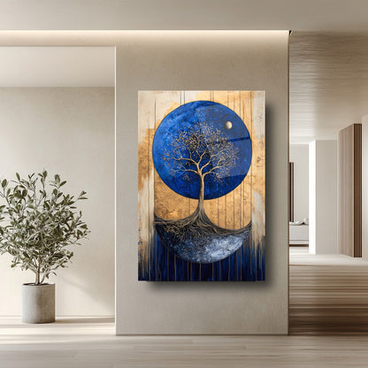 Gold Detay Mavi Hayat Ağacı Cam Tablo