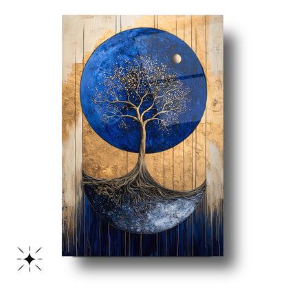 Gold Detay Mavi Hayat Ağacı Cam Tablo
