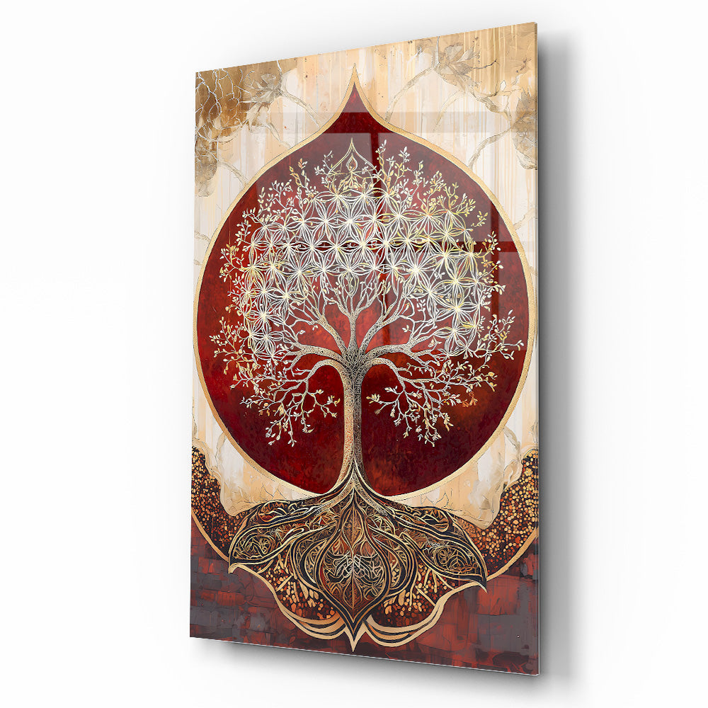 Kırmızı Detay Gold Hayat Ağacı Cam Tablo