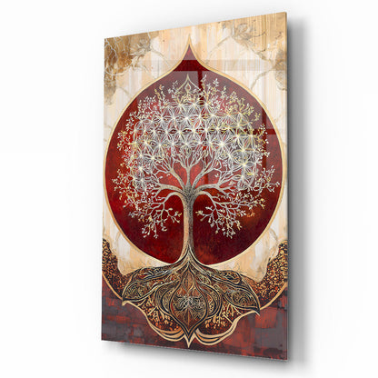 Kırmızı Detay Gold Hayat Ağacı Cam Tablo