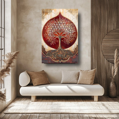 Kırmızı Detay Gold Hayat Ağacı Cam Tablo