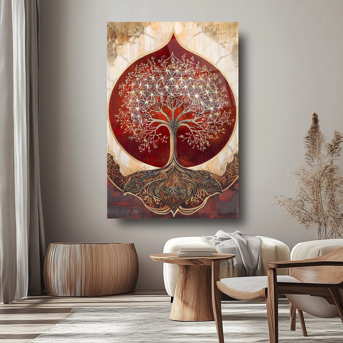 Kırmızı Detay Gold Hayat Ağacı Cam Tablo