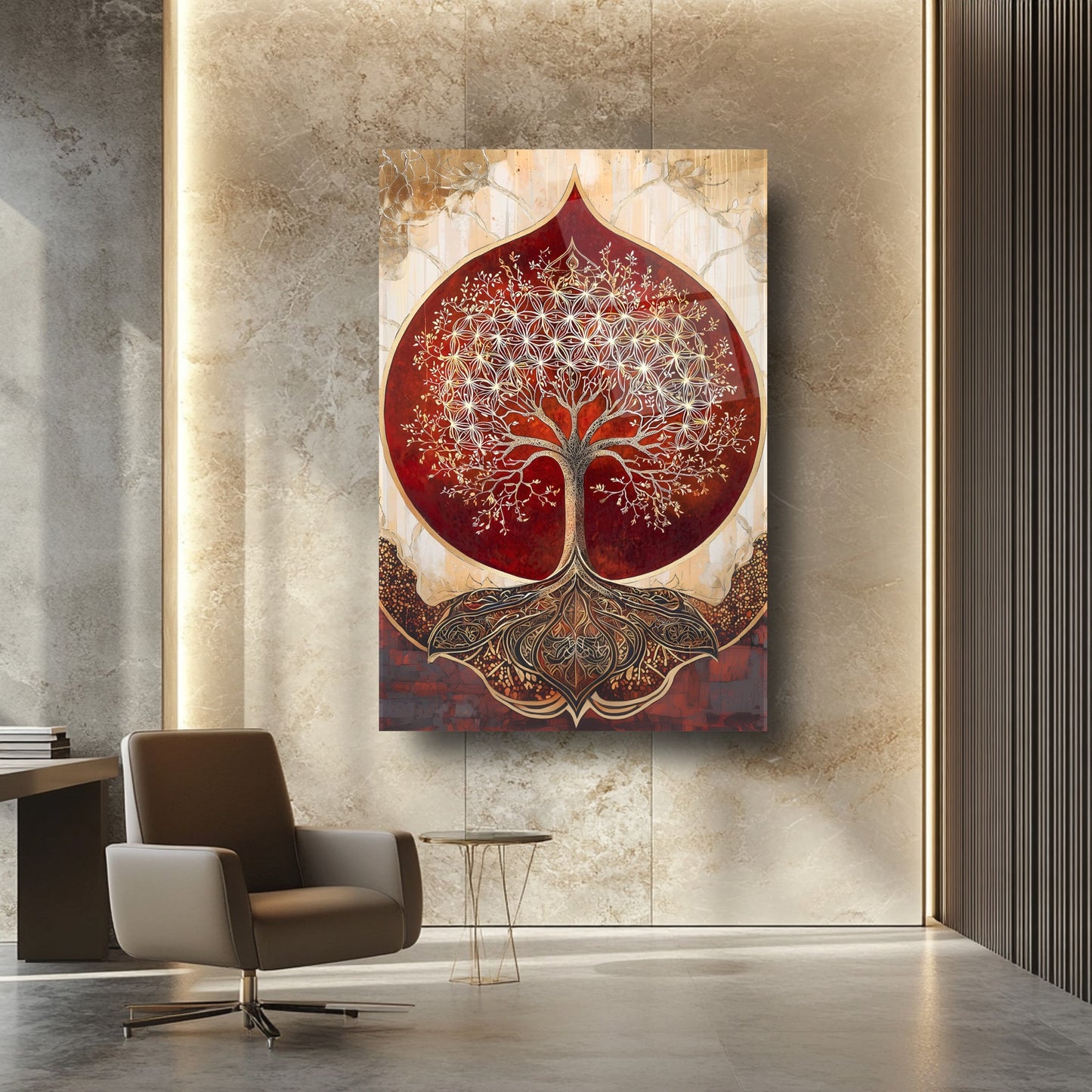 Kırmızı Detay Gold Hayat Ağacı Cam Tablo