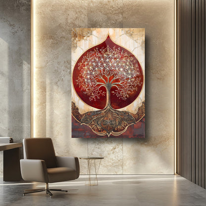Kırmızı Detay Gold Hayat Ağacı Cam Tablo