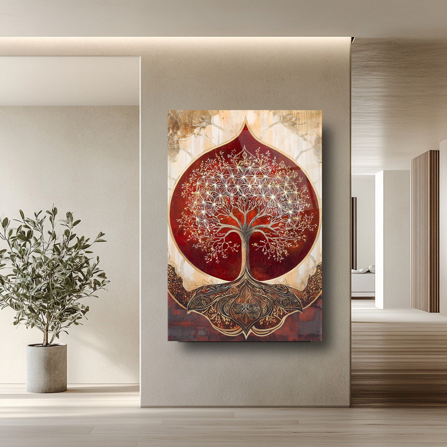 Kırmızı Detay Gold Hayat Ağacı Cam Tablo