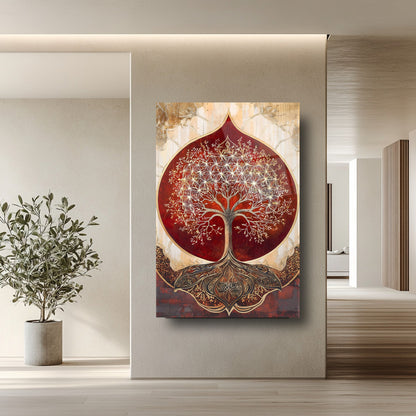Kırmızı Detay Gold Hayat Ağacı Cam Tablo