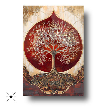 Kırmızı Detay Gold Hayat Ağacı Cam Tablo