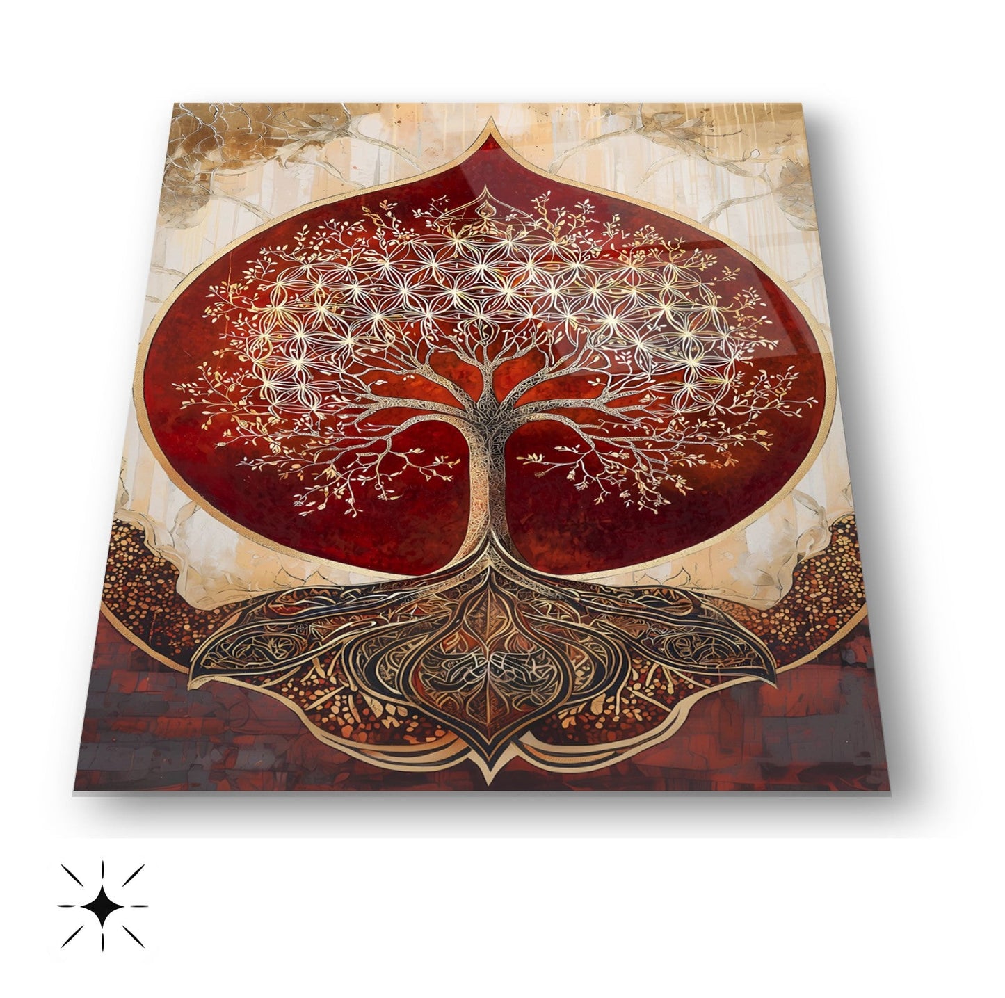 Kırmızı Detay Gold Hayat Ağacı Cam Tablo