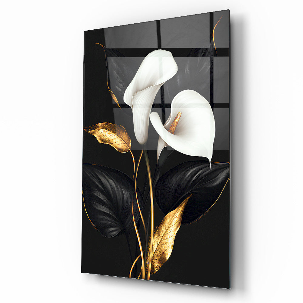 Siyah Beyaz Gold Detay Çiçekler Cam Tablo