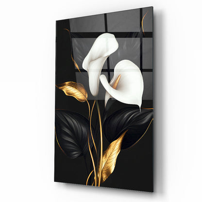 Siyah Beyaz Gold Detay Çiçekler Cam Tablo