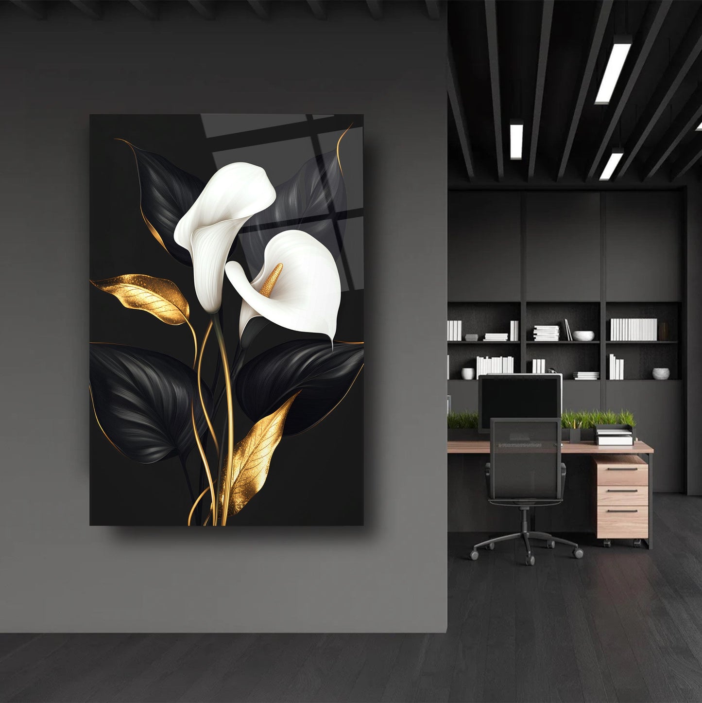 Siyah Beyaz Gold Detay Çiçekler Cam Tablo