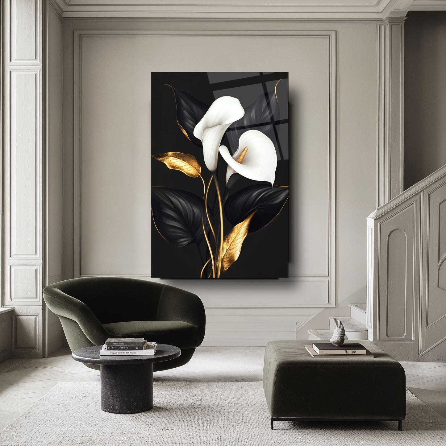 Siyah Beyaz Gold Detay Çiçekler Cam Tablo