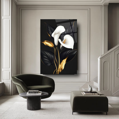 Siyah Beyaz Gold Detay Çiçekler Cam Tablo