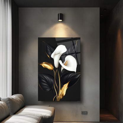 Siyah Beyaz Gold Detay Çiçekler Cam Tablo