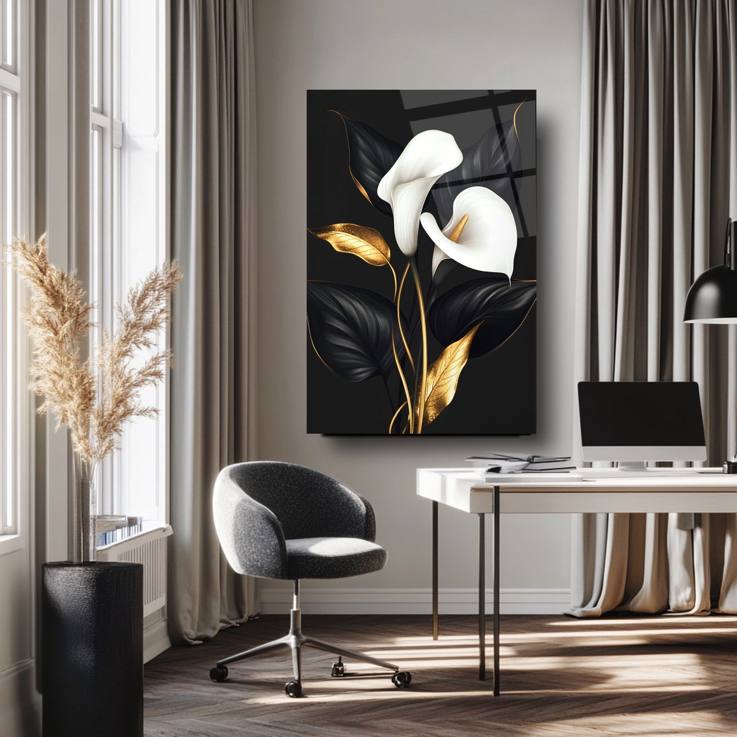 Siyah Beyaz Gold Detay Çiçekler Cam Tablo