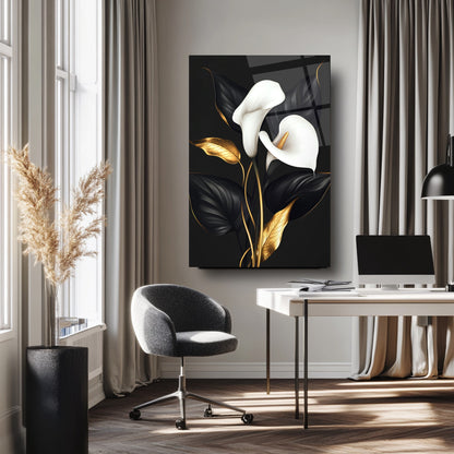 Siyah Beyaz Gold Detay Çiçekler Cam Tablo