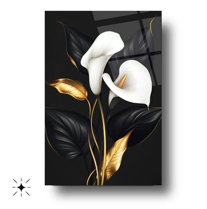 Siyah Beyaz Gold Detay Çiçekler Cam Tablo