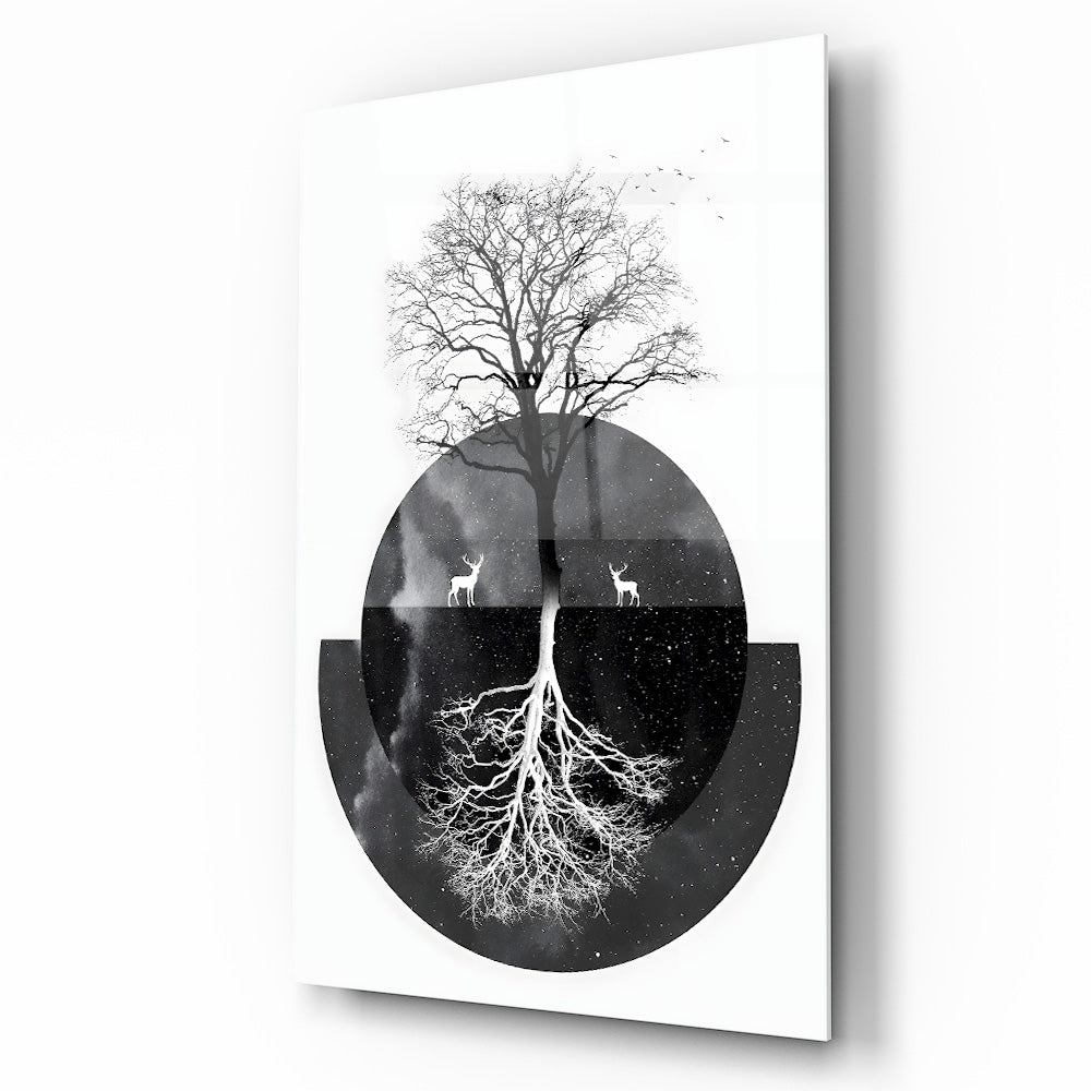 Siyah Beyaz Hayat Ağacı Cam Tablo