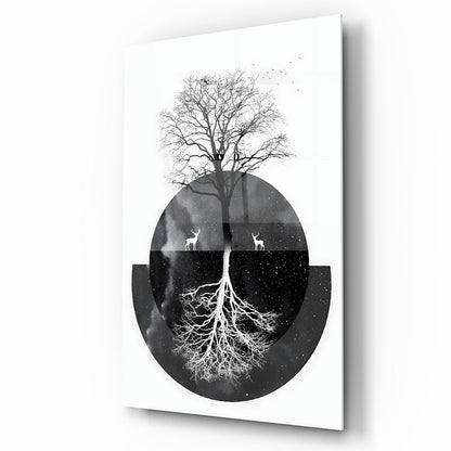 Siyah Beyaz Hayat Ağacı Cam Tablo