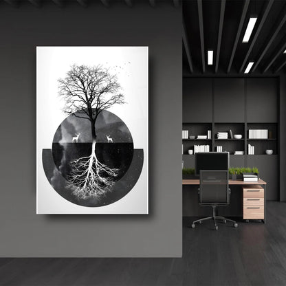 Siyah Beyaz Hayat Ağacı Cam Tablo