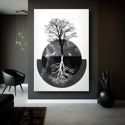 Siyah Beyaz Hayat Ağacı Cam Tablo
