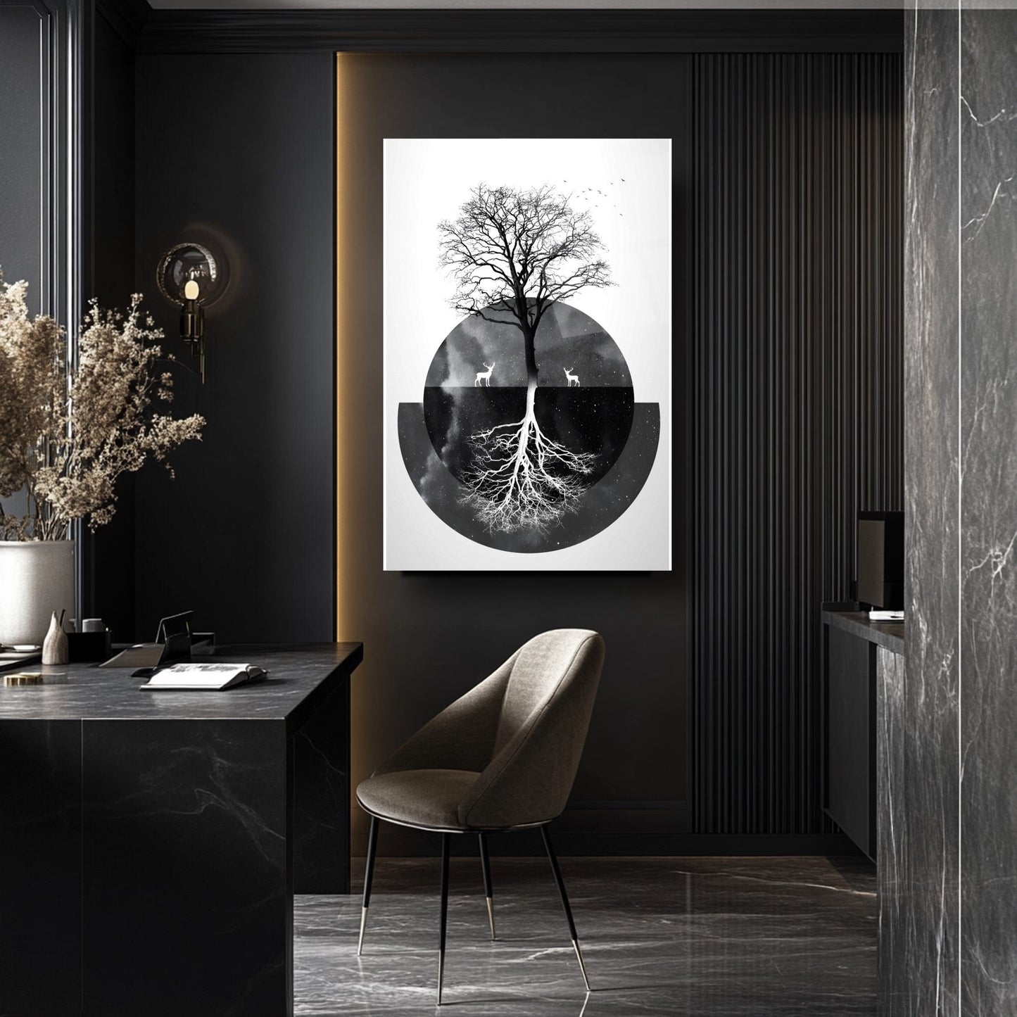 Siyah Beyaz Hayat Ağacı Cam Tablo