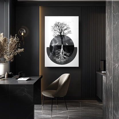 Siyah Beyaz Hayat Ağacı Cam Tablo